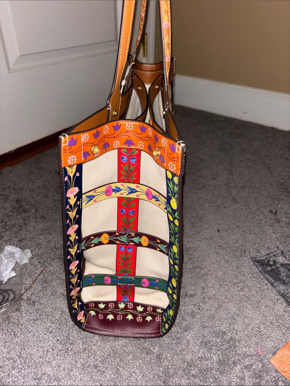 Tory Burch Floral Embroidered Cream Canvas Tote with Brown Trim - Picture 3 of 12
